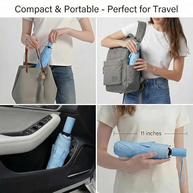 BAODINI Small UV Protection Travel Umbrella Compact for Rain and Sun UPF 50+ Windproof Portable 42 inch Umbrella for Women and Men