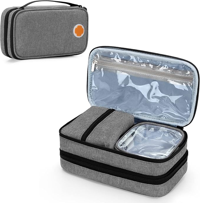 CURMIO Insulated Insulin Cooler Travel Case, Double Layer Diabetic Supplies Storage Bag with Detachable Pouches for Diabetic Medication and Ice Packs, Gray, Empty Bag Only