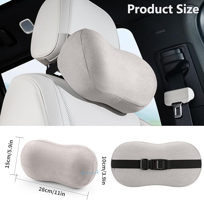 Car Neck Pillow Ergonomic Design Memory Foam Softness Car Headrest Pillow for Neck Support Cushion for Driving, Universal Fit Head Rest Travel Pillow, Fits All Vehicles, Gray, 2 Pack