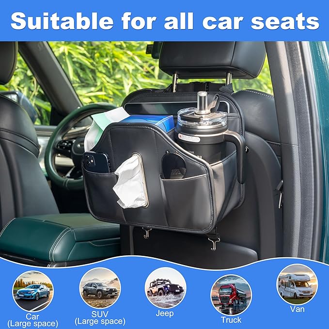 Upgraded Car Tissue Holder,Car Seat Back Organizer With Cup Holder,Premium PU Leather Headrest Seat Back Storage Fits For Kleenex Tissue Box (50-230ct)