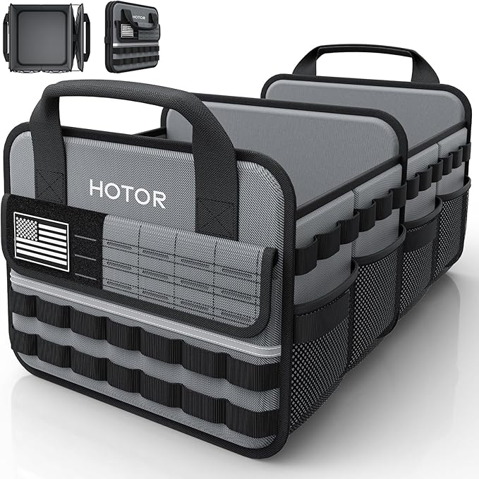 HOTOR Tactical Car Trunk Organizer - Foldable Trunk Organizer for SUV with Front MOLLE Pocket & Reflective Strips, Essential Car Accessories for Tools & Outdoor Storage, 12.8" x 21.7" x 11.0", Grey