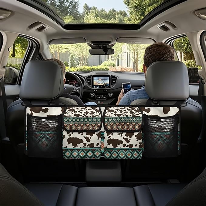 Aztec Tribal Car Trunk Organizer Brown Cow Spots Trunk Hanging Storage Bag Car Organization for SUVs Sedans