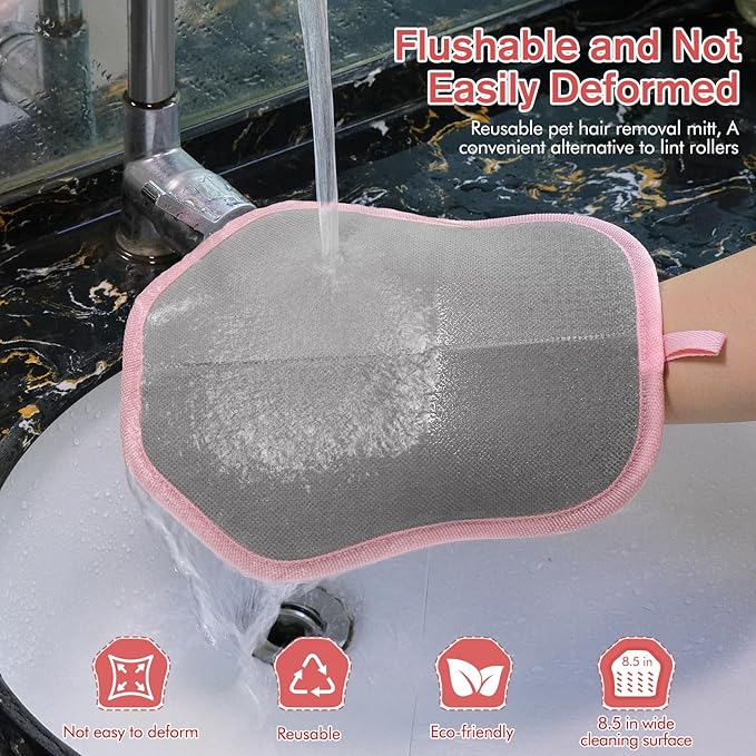 Reusable Pet Hair Removal Gloves, Suitable for Removing Pet Hair from Clothing, Sofas, Carpets, and Car Seats, 1 Pcs with Hanging Hooks, Size 9.8 x 7.87 x 0.5 in (Pink)