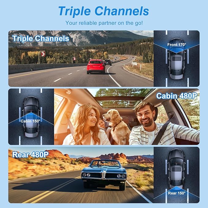 3 Channel Dash Cam Front and Rear Inside,1080P FHD Car Camera with 32G MMC Card, Night Vision, G-Sensor, Motion Detection, Parking Monitor, Loop Recording for Cars, SUVs, Trucks