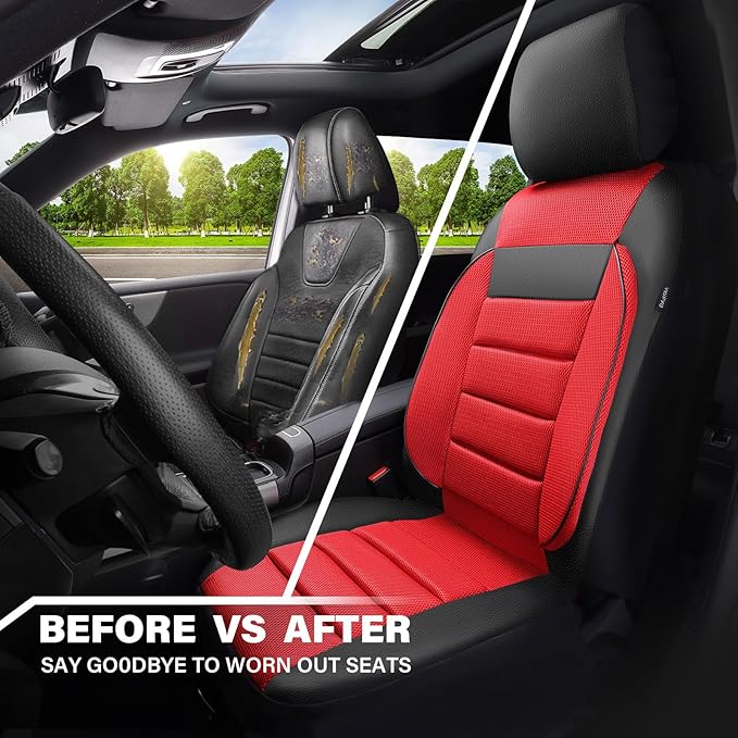 CAR PASS 3D Foam Leather Car Seat Covers Two Front Seats only, Air Mesh Thick Seat Covers, All Weather Car Seat Cover Comfort & Protection for Truck,SUV,Sedan,Van, Airbag Compatible (Black Red)