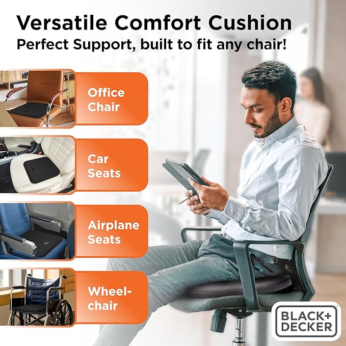 BLACK+DECKER Car Seat Cushion with Memory Foam – Ice Silk Portable Driver & Car Seat Pad for Pain Relief – Non-Slip Back, Washable Cover – Office Chair, Wheelchair, Travel Use, Black