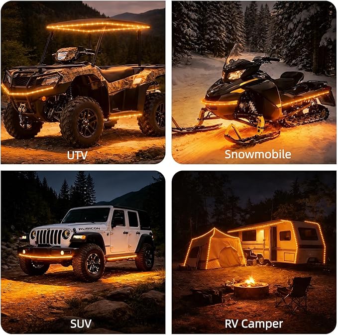 12V Marine Boat LED Light Strip Super Bright, 2 Pack 4FT IP68 Fully Waterproof RV Front Cap Lights, Golf Cart Underglow Roof Lights Strip for Truck ATV UTV SUV Car Pickup Trailer, Cuttable, Amber