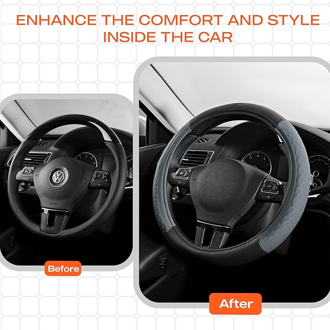 Skechers Steering Wheel Cover,Leather Steering Wheel Cover Hexcomb Design Embedded TPE Steering Wheel Universal Fit 14" 1/2-15" Car Wheel Protector for Men Women Fit Suvs,Vans,Sedans,Car,Trucks,Grey