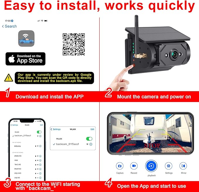 Solar-Powered Wireless Backup Camera with AI Security-Smart Human/Vehicle Detection,WiFi Connectivity,Cordless & Magnetic Mount Rear View Camera Upgrade Your Truck,Trailer,RV,or Camper WF102