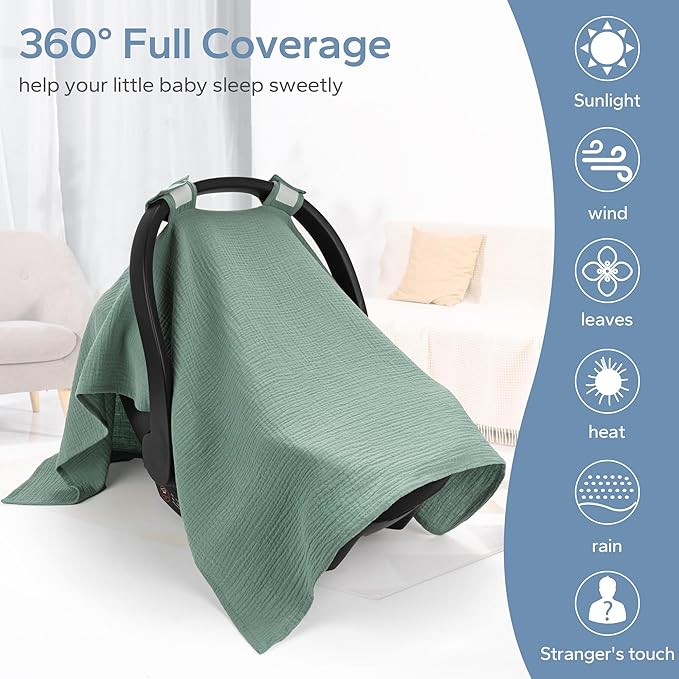 SERAPHY 100% Muslin Cotton Car Seat Cover Baby, Universal Carseat Covers, Breathable Baby Car Seat Canopy for Boys Girls, Soft Infant Car Seat Cover for Summer —Green