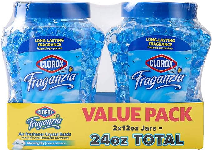 Clorox Fraganzia Crystal Beads Air Freshener Twin Pack, Long Lasting Room Deodorizer and Odor Eliminator Gel Beads for Home, Car, or Office, Morning Sky Scent, 24 Fl Oz - 6 Pack