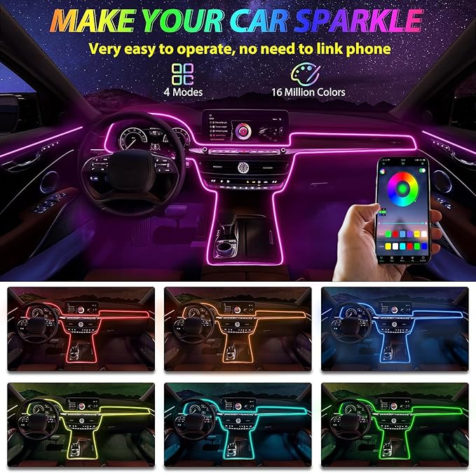 5 in 1 Car Led Strip Lights with App Control, RGB Colors Interior Car Lights, Ambient Led Lighting Kit, 4 Light Flashing Modes, USB Neon Accessories for Doors, Center Console