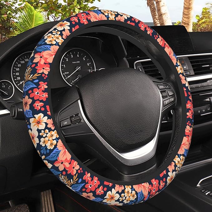 Colorful Small Flowers Car Steering Wheel Cover, Non-Slip Absorbing Sweat Car Wheel Cover Accessories for Men Women,Universal 15" Fit Auto SUV Vans Trucks