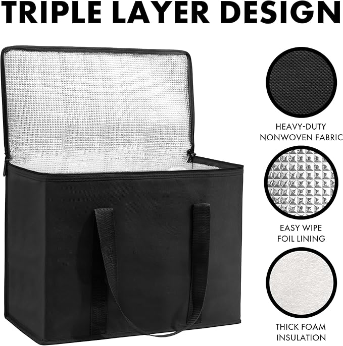 Carrywell (Not Made In China) Insulated Reusable Grocery Bags 2-Pack, Catering and Delivery Bag For Hot and Cold Food, Collapsible Thermal Tote For Doordash