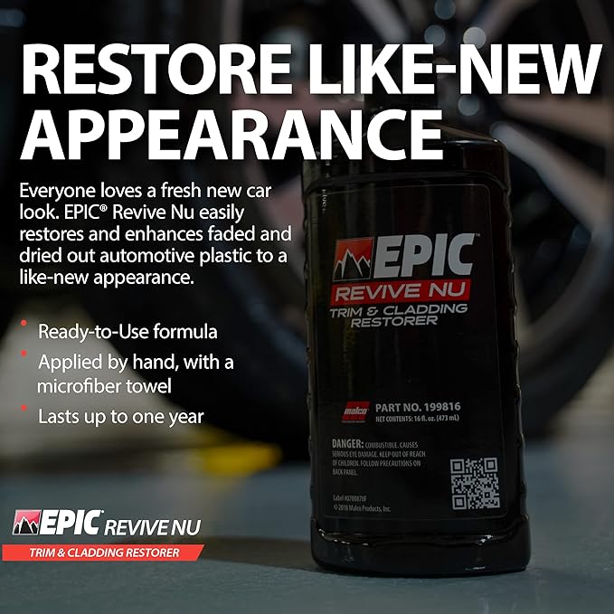 Malco Epic Revive Nu Plastic Trim & Cladding Restorer - Restores Faded and Dried Out Plastic/Vinyl and Rubber Back to Black or Gray Finish / 16 Oz (199816)