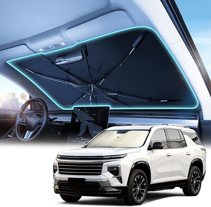 Windshield Sun Shade Umbrella – Custom-Fit for Traverse 2018–2025, Vinyl Coating Heat Shield, 99% UV Blocking, Keep Large SUV Interior Cool, Heavy-Duty Spring Structure