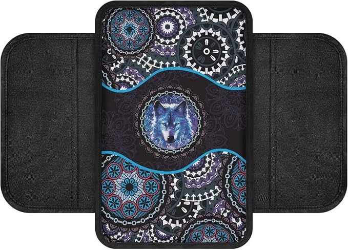 Wolf Boho Mandala Pattern Car Center Console Cover with Side Pockets Elastic Automobile Armrest Pad Comfortable Armrest Seat Box Cover Protector Car Decor Accessories