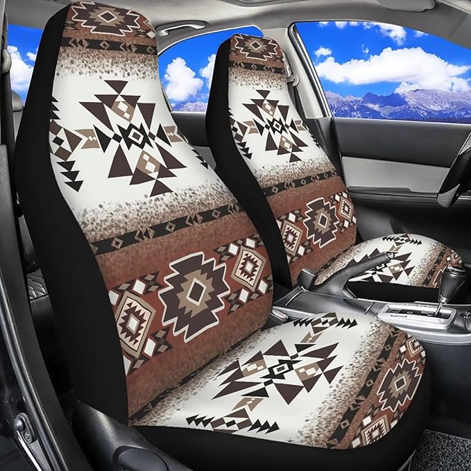 ELEQIN Car Seat Covers Two Front Only for Car, Brown Aztec Geometric Automotive Interior Covers, Quick Setup Universal Fit Seat Covers for Car, Truck, SUV