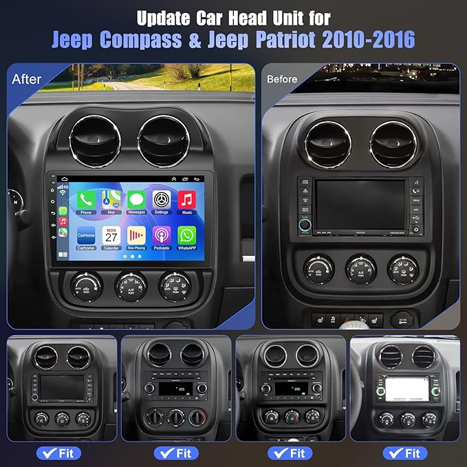8 Core +64GB Car Radio for Jeep Compass Patriot 2010-2016,10.2 Inch QLED Touchscreen with Carplay&Android Auto,Support Bluetooth,Back-up Camera,FM Radio,SWC,GPS Navigation