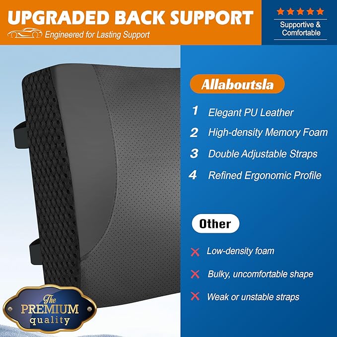 Lumbar Support Pillow for Car: Ergonomic Memory Foam Lumbar Pillow for Long Drives, Lower Back Support for Pain Relief, Dual Adjustable Straps, Back Cushion for Car Seat, Office Chair - Black