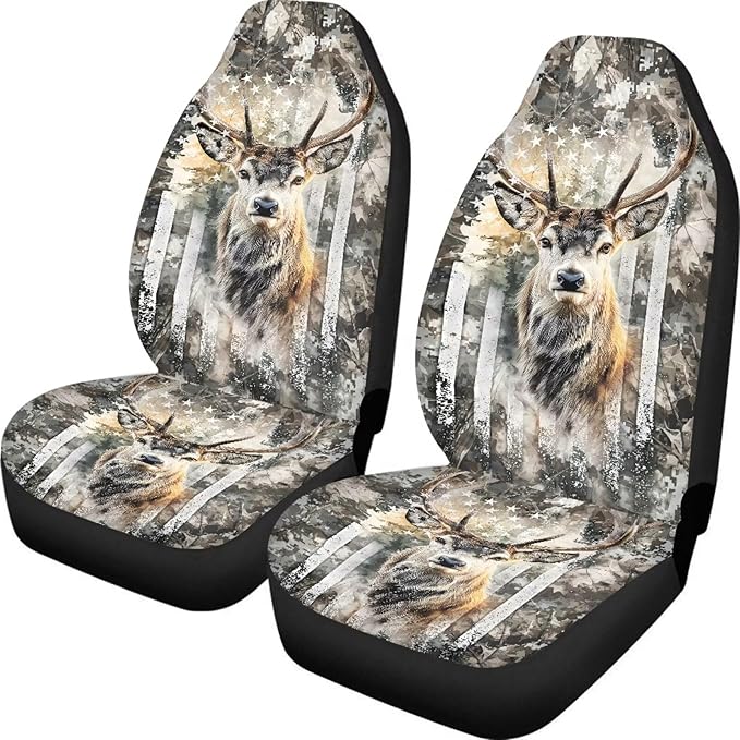 ELEQIN Deer Camo US Flag Car Seat Covers Two Front Only for Car, Automotive Interior Covers, Quick Setup Universal Fit Seat Covers for Car, Truck, SUV
