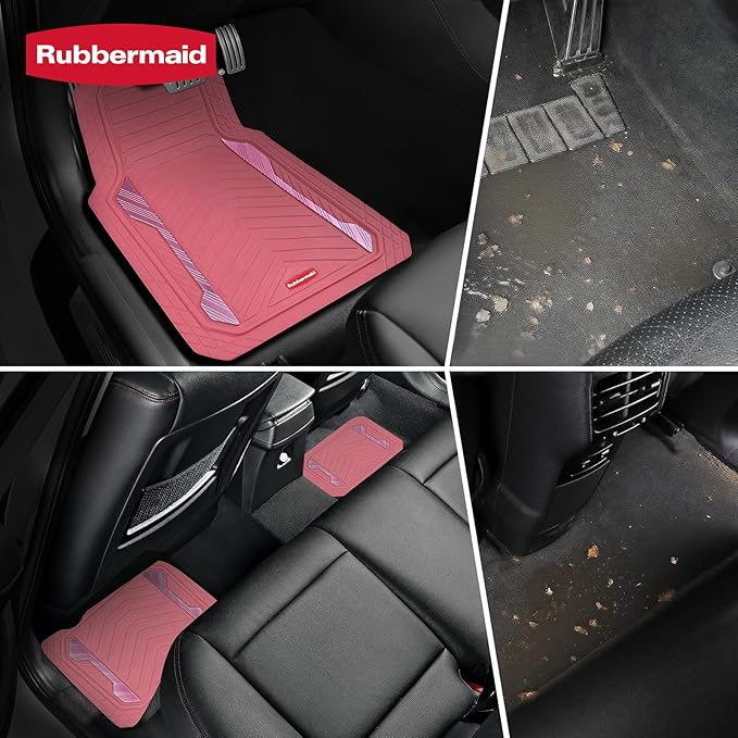 Rubbermaid Car Floor Mat, Heavy Duty All-Weather Car Mats Full Set with Dual-Tone Pink and Sliver Aluminum Inserts – Universal Fit, Anti-Slip Backing, Trim-to-Fit for Most SUV, Sedan, Van