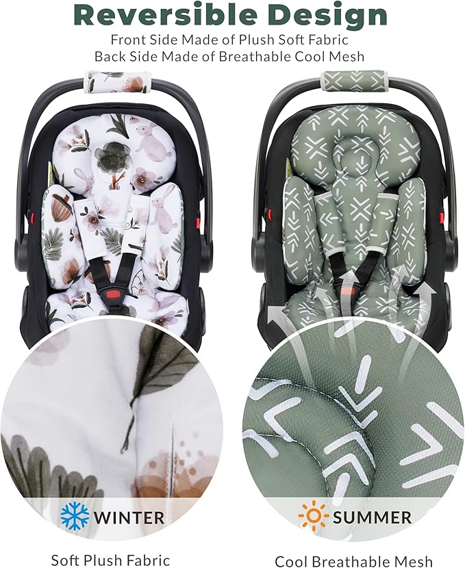 Newborn Car Seat Insert, Head and Body Support, Reversible Infant Insert Compatible with Baby Carseat, Stroller, Mamaroo Swing, Rocker, Bassinet, Bouncer. Baby Car Seat Cushion - Rabbit