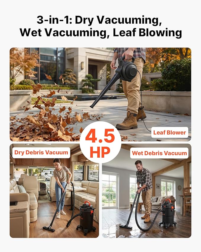 VEVOR 3-in-1 Shop Vac, 8 Gallon Wet Dry Shop Vacuum, 4.5 Peak HP Portable Vacuum Cleaner with Blower, Dual-Filter, 950W Input Power, 1.25in x 7ft Hose, 9.8ft Cord for Jobsite, Workshop, Garage, Home