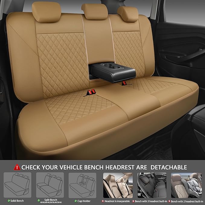 CAR PASS Faux Leather Seat Covers Full Set, Quilting Waterproof Premium Automotive Seat Cover with 5mm Composite Sponge Inside,Airbag Compatible, Universal for Most Cars Sedan SUV Truck, All Beige