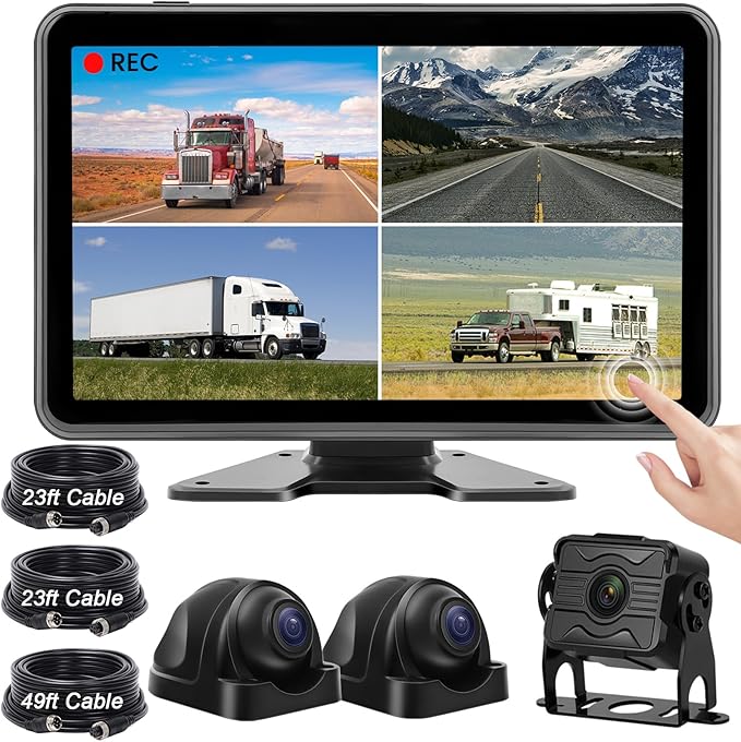 3 Camera Wired Backup Camera System Dash Cam for Truck/RV/Trailer/Bus/Tractor 10.1" Touch Monitor Loop Recording Split Screen 1080P Rear View & 2 Side View Camera Night Vision IP68 Back up Camera