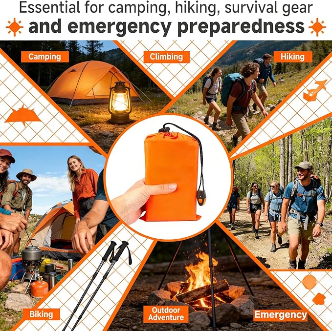Sleeping Bag, Terrashell Blanket, Emergency Sleeping Bag, Waterproof, Compact Lightweight, Extra Thick, Heat Blanket Survival for Survival Kit Car Camping Gear Hiking Go (65μm) (2PCS)