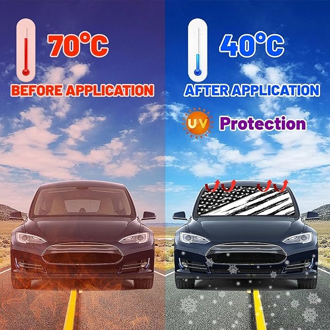 CHILL·TEK Funny Car Windshield Sun Shade Umbrella, American Flag Car Sun Shade Umbrella, Block UV Rays Heat Foldable Windshield Umbrella Sun Visor Protector - Keep Vehicle Cool for Cars SUV