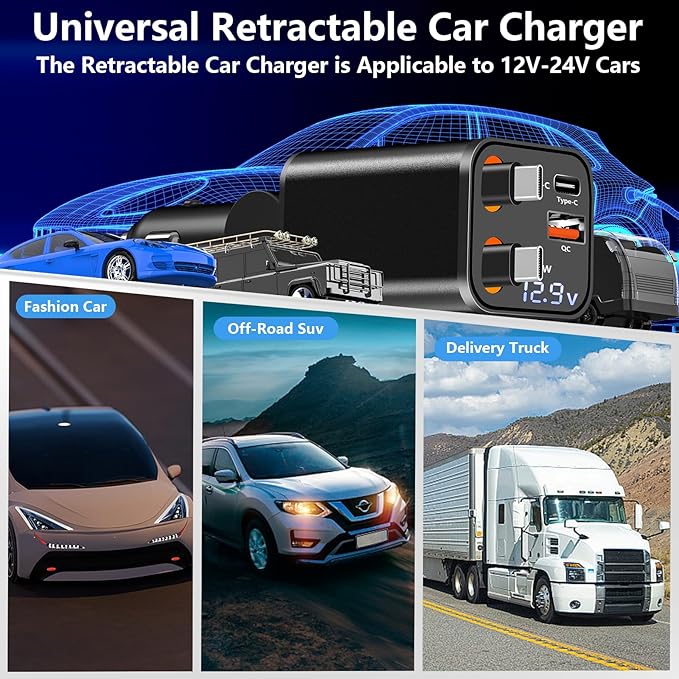 [Apple MFi Certified] Retractable Car Charger, Linocell 120W USB C Car Charger Dynamic Power Adapter 4 in 1 PD/QC Type C Fast Charging Cigarette Lighter for iPhone 17/17 Pro Max/16 Pro/15/Galaxy/Pixel