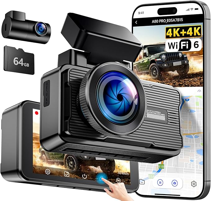 JOMISE 4K+4K Dash Cam Front and Rear, 20 Mbps+ Ethernet Transfer & Stable WiFi 6, Touch Screen Dash Camera for Cars with GPS, G-Sensor,Night Vision, 24H Parking Mode, Support 1TB(A80 Pro)