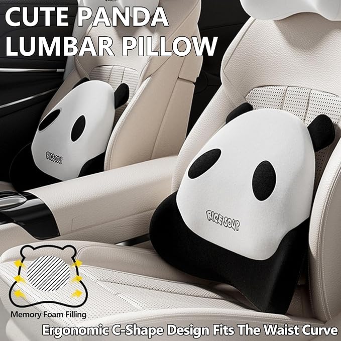 Cute Panda Car Neck Pillow & Lumbar Support Memory Foam Cushion for Driving Adjustable Headrest Waist Pillow for Most Seats (Black, Backrest)