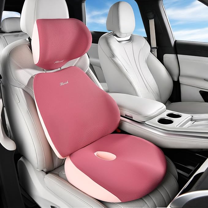 FLORICH Car Seat Cushion & Lumbar Support Pillow & Car Neck Pillow, Ergonomic Memory Foam Driving Seat Cushion for Back & Sciatica Pain Relief, Non-Slip Washable Cushion for Car, Driver, Office-Pink