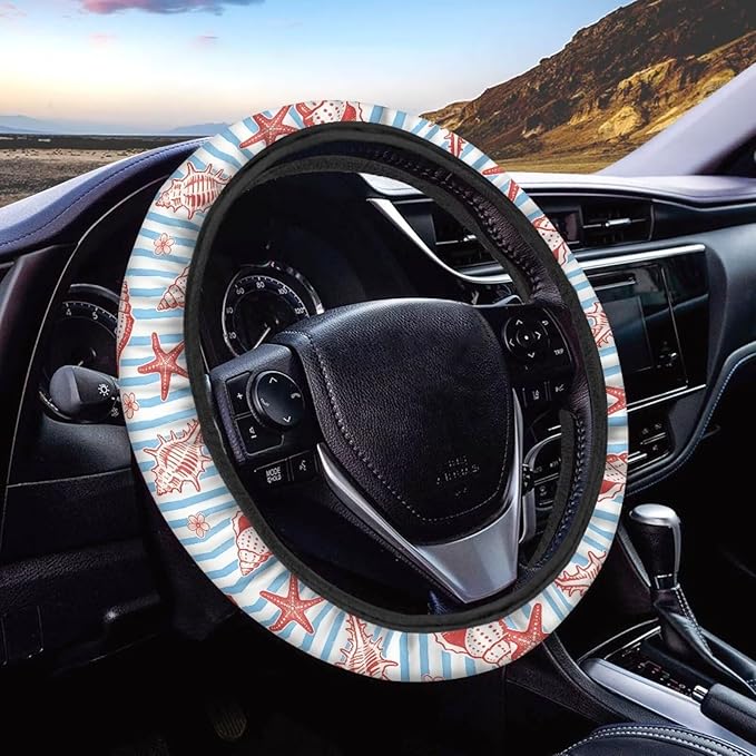 AFPANQZ Auto Steering Wheel Covers Comfort Anti-Slip Safety Stretch-on 14-15 inch, Starfish Shell Print Easy Fix Machine Washable Steering Wheel Protection