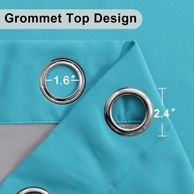 XWZO 100% Blackout Curtains 63 Inches Length with Tiebacks - Heat and Light Blocking Ring Top Window Drapes with Black Liner Backing for Bedroom/Kid's Room, Turquoise, W60 x L63, Set of 2 Panels