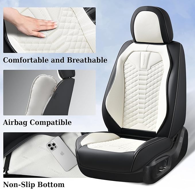 Coverado Car Seat Covers, Front Seat Cover, Waterproof Nappa Leather Seat Covers for Cars, 2 Pack Driver Car Seat Protectors, Automotive Seat Covers Universal Fit for Most Cars, Black&White