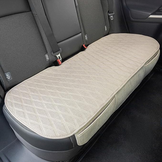 Universal Auto Faux Linen Back Car Seat Cover Beige - Breathable Rear Seat Protector with Non-Slip Bottom SizeSL - Diamond Stitched Bench Seats Cushion for Vehicles Cars Van SUV Truck