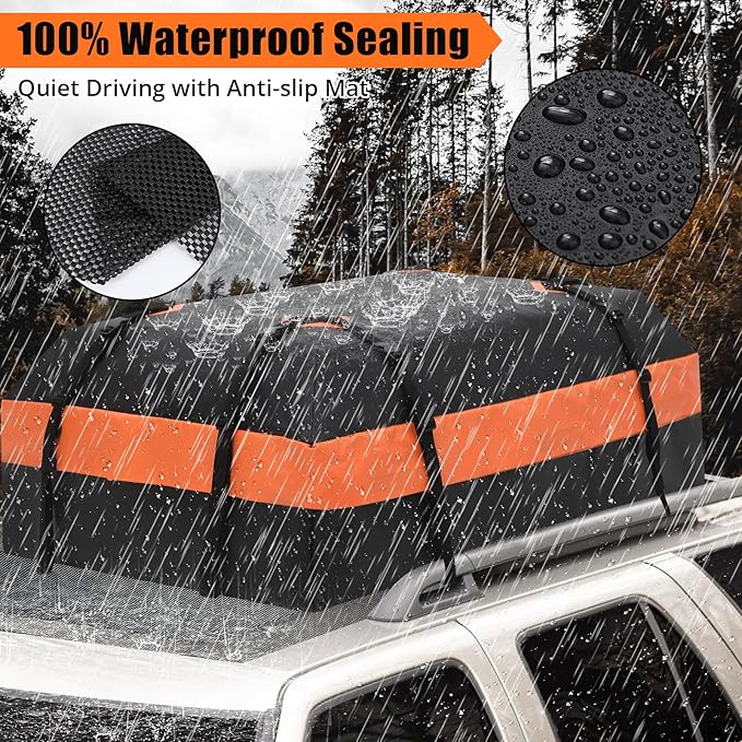 Car Rooftop Cargo Carrier Bag 15 Cubic Feet, Waterproof Roof Rack Cargo Bag for All Cars with/Without Rack, Waterproof Zip, 8 Reinforced Straps, 4 Door Hooks, Luggage Lock, Storage Bag