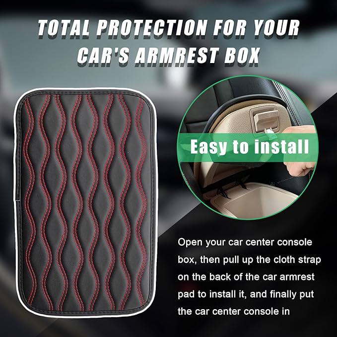 Car Center Console Pad, Waterproof Auto Armrest Seat Box Cover, PU Leather Arm Rest Protector Cushion Pad, Universal Vehicle Interior Protection Accessories for Car SUV (Black & Red)