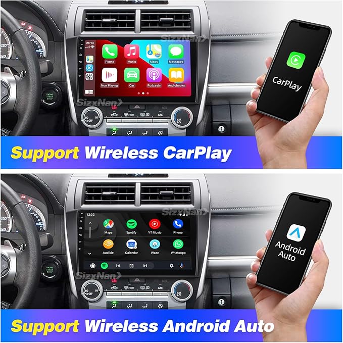 for Android Compatible with Wirelessly Carplay Android Auto,Car Radio Stereo Bluetooth Navigation GPS WiFi FM/AM 8 core 4GB+64GB 1280X720 Touchscreen Rear Camera for Toyota Camry 2012-2014