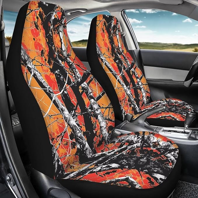 KEIAHUAN Car Seat Covers Camo Hunting Design Front Seat Cover and Split Rear Bench Seat Cover Comfortable Stretchy Universal Fit Most Cars SUVs Vans Sedans, Orange