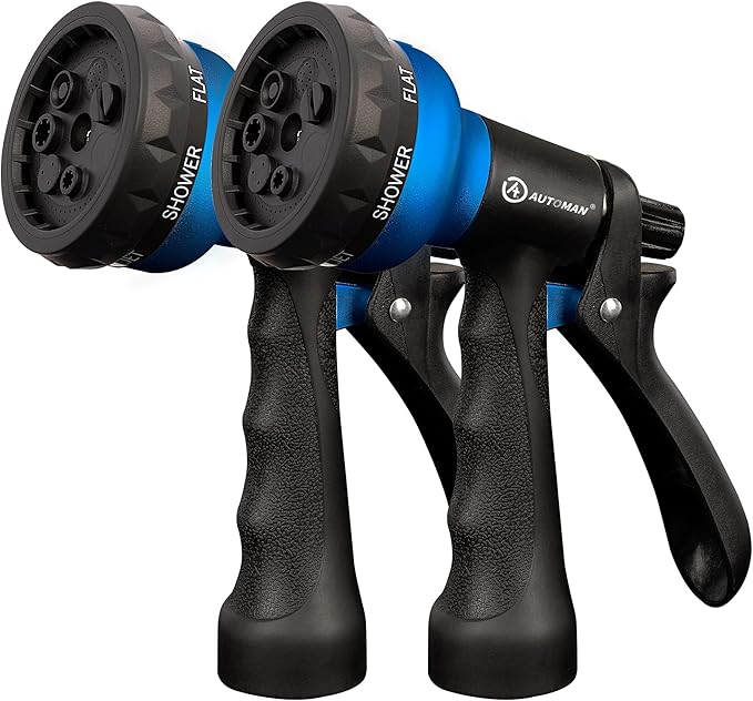 AUTOMAN-Garden-Hose-Nozzle, 2 Pack ABS Water Spray Nozzle with Heavy Duty 7 Adjustable Watering Patterns,Slip Resistant for Watering Plants,Lawn& Garden,Washing Cars,Cleaning,Showering Pets - Blue