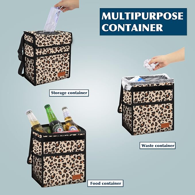 Car Trash Can with Lid Leak Proof Garbage Waterproof Bag for SUV Front Seat Multipurpose Hanging Headrest Collapsible and Portable Storage Mesh Pocket, Leopard Print