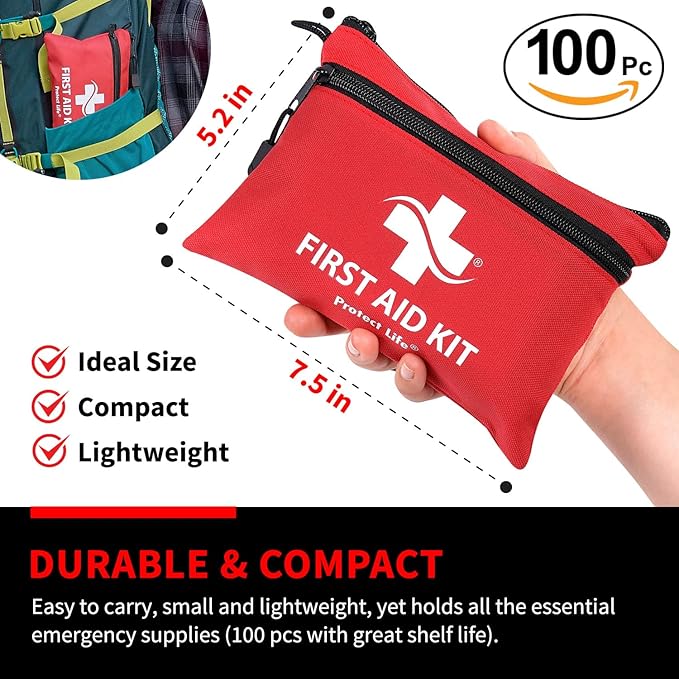 Protect Life First Aid Kit, Travel First Aid Kit for Car, 100 Piece Compact Emergency Preparedness Starter Kit for Home, Office, Camping, Hiking