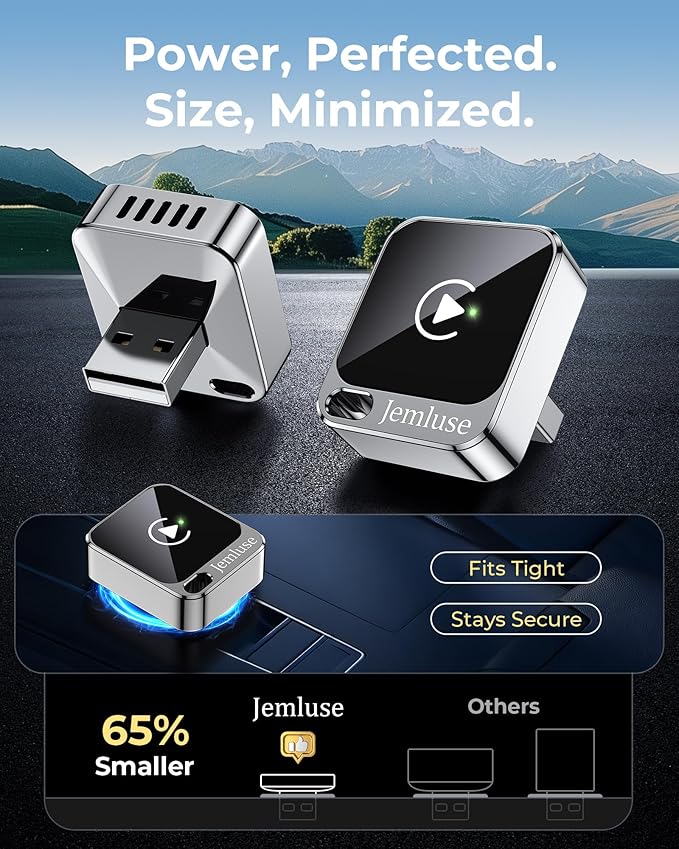 Jemluse Wireless CarPlay Adapter for Apple - Mini Size, Fast Stable Connection Convert Wired to Wireless Car Play Dongle for iPhone iOS 10+, Plug & Play for Cars from 2016+ w/USB-C (Silver)