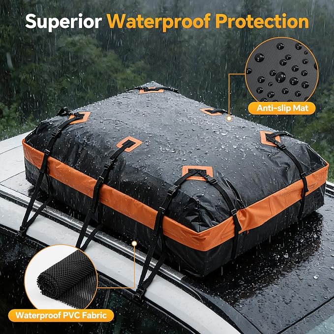 NEWBULIG Car Rooftop Cargo Carrier Bag, 20 Cubic Feet Duty Waterproof Bag for All Vehicles with/Without Racks. Includes Anti-Slip Mat, Reinforced Straps, 6 Door Hooks, Storage Bag & Luggage Lock.
