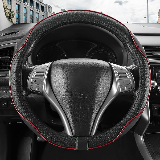 Leather Car Steering Wheel Cover,Anti-Slip, Safety, Soft, Breathable, Heavy Duty, Thick, Full Surround, Sports Style,Universal Car Accessories for Women Men Fit 14"1/2-15"(Black with Red line)